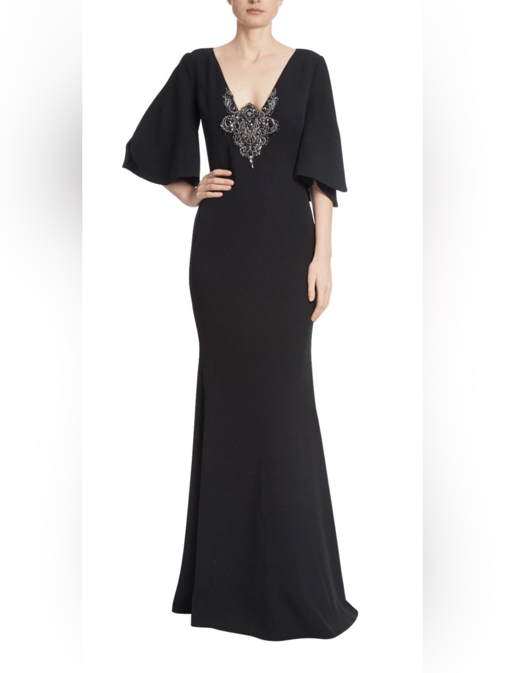NWOT Badgley Mischka Embellished Floor-Length Gown in black, featuring an intric